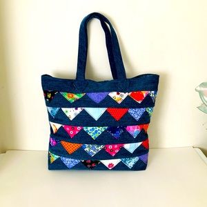 Beautiful Handmade Denim And Cloth Handbag 16x14x3 And 8” Drop